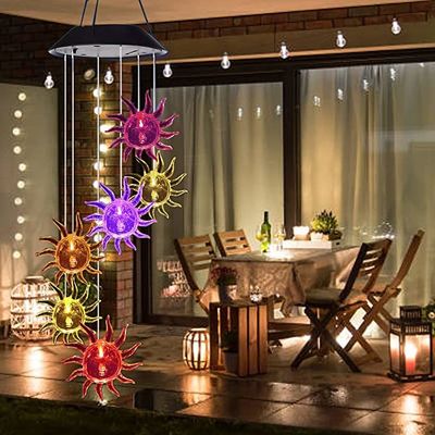 Rüzgar Çanı 2700K Solar LED Bahçe Işıkları Güneş Şekli Dekoratif Işık